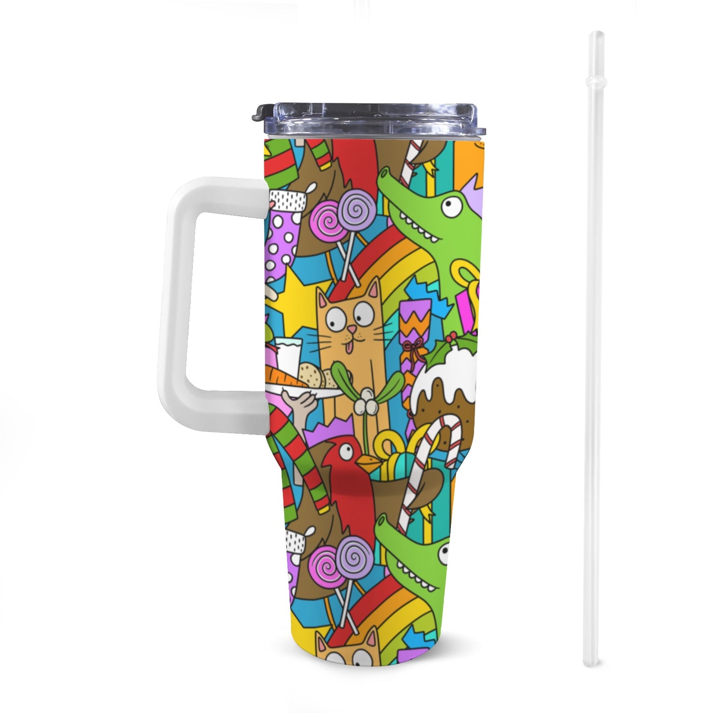 Front view of 40oz Christmas-themed Stanley-style tumbler featuring a zany, colorful festive pattern.