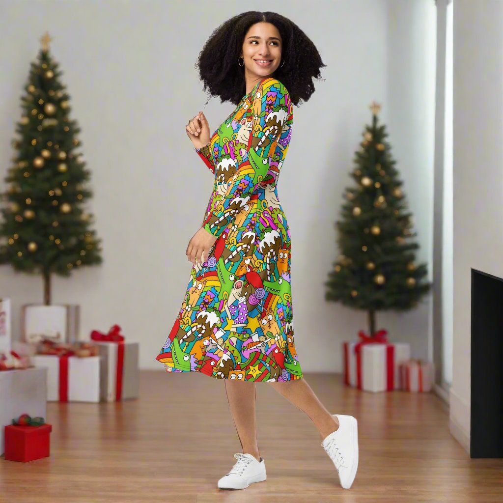 Happy Girl Wears Bold Print Christmas Dress 