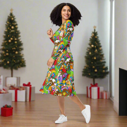 Happy Girl Wears Bold Print Christmas Dress 