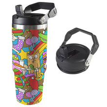 Load image into Gallery viewer, 30oz stainless steel insulated water bottle with handle and straw in Crazy Christmas featuring double-wall insulation for hot and cold drinks, perfect for work, gym, and travel.
