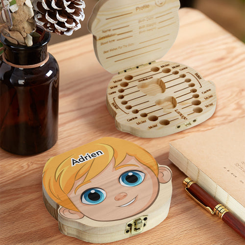 Customised Baby Teeth Keepsake Box Blonde Hair Blue Eyes plus inside