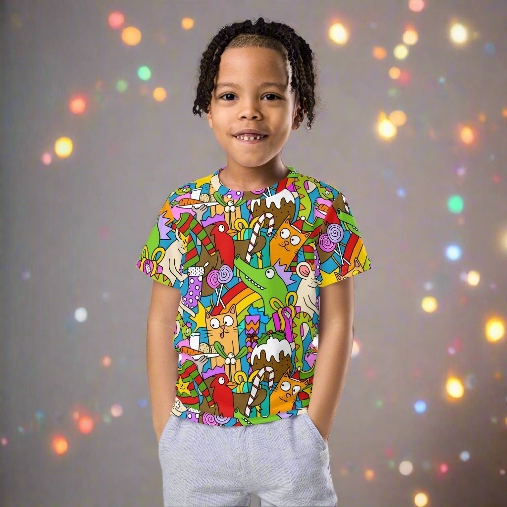 Product mockup of child wearing colourful christmas tee 