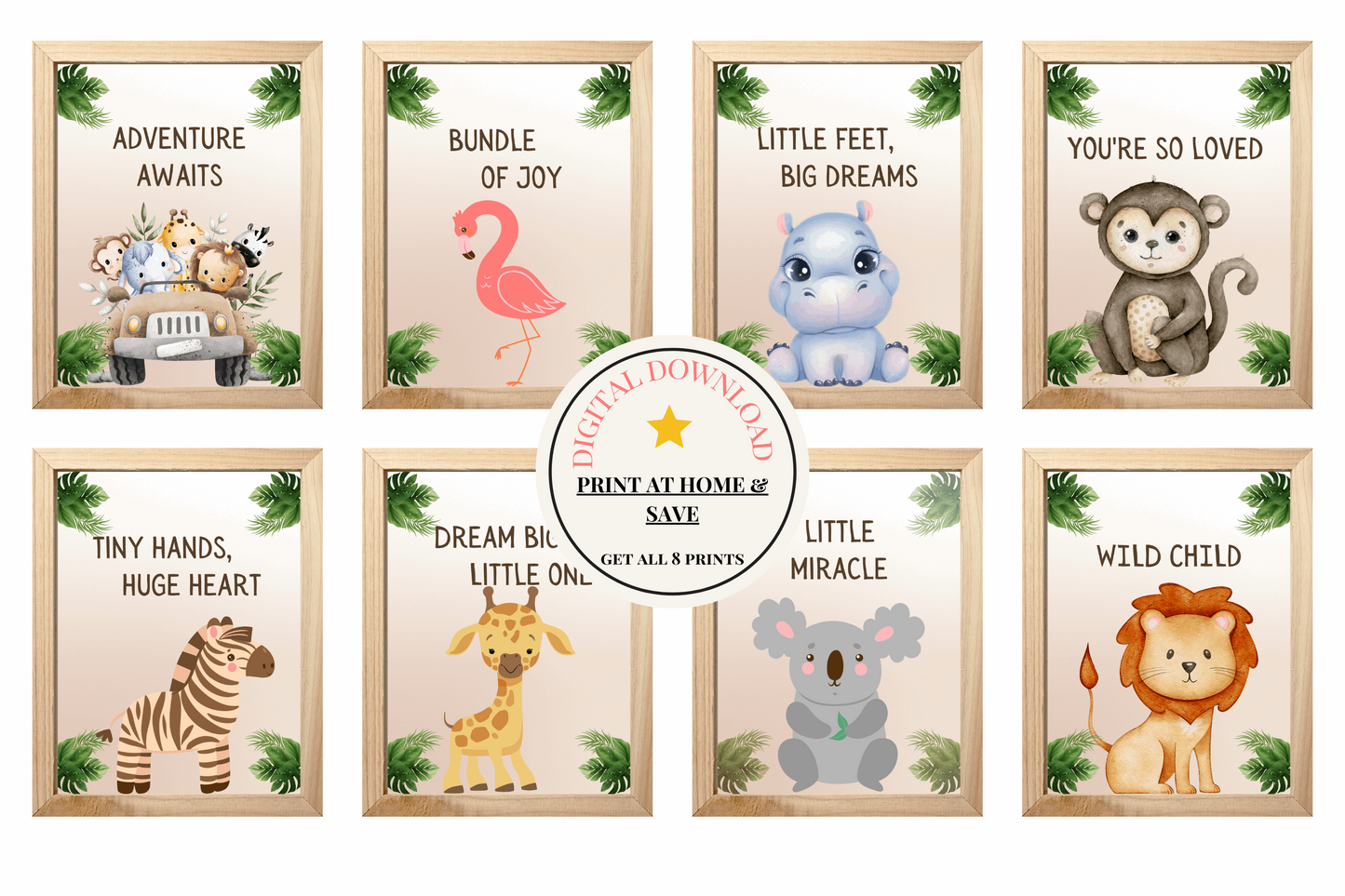 Cute Safari Animals: A playful illustration featuring a lion, elephant, zebra, and giraffe in soft pastel colors, perfect for a baby's nursery