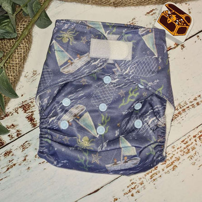 Green Cheeks Cloth Hemp Reusable Nappy in a nautical print