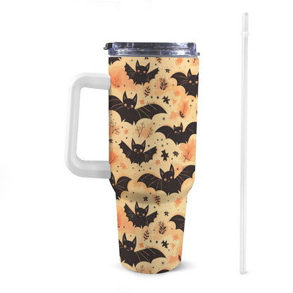 Front view of 40oz Halloween Bats Stanley-style tumbler with a white handle, featuring exclusive colourful patterns.