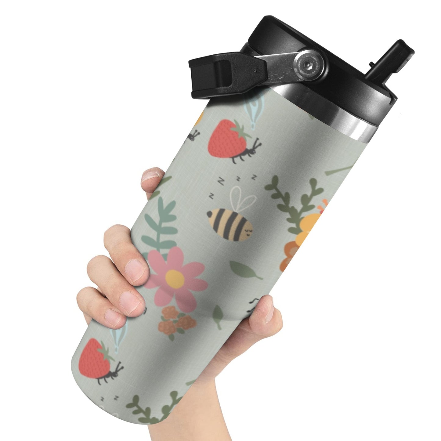 Top-down view of 30oz insulated water bottle with flip straw lid and double-wall insulation, available in gardeners gift.