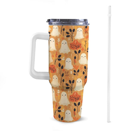 Front view of 40oz halloween ghosts Stanley-style tumbler with a white handle, featuring exclusive colourful patterns.