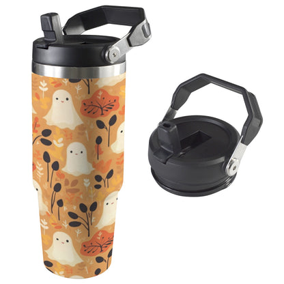 30oz stainless steel insulated water bottle with handle and straw in [cute ghosts], featuring double-wall insulation for hot and cold drinks, perfect for work, gym, and travel.