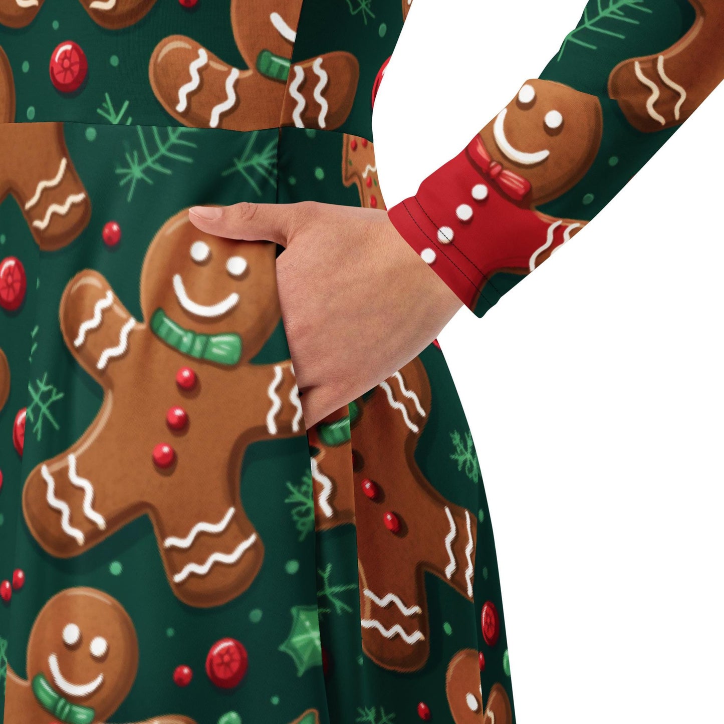 Gingerbread Man Festive Christmas Dress with Pockets CLose Up