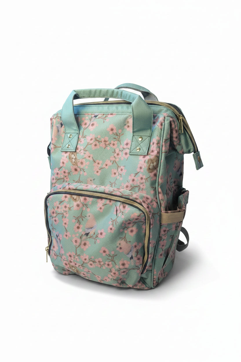 Floral-patterned backpack on a white surface