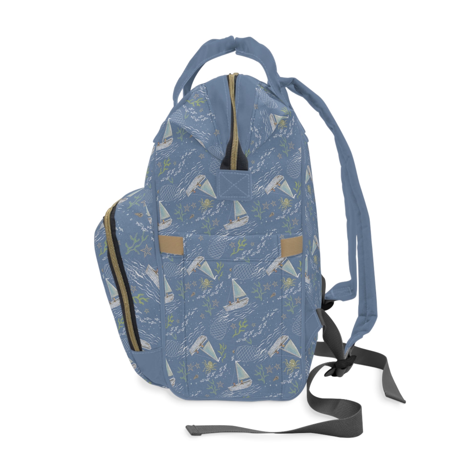 Blue fishing-themed baby bag for parents on the go