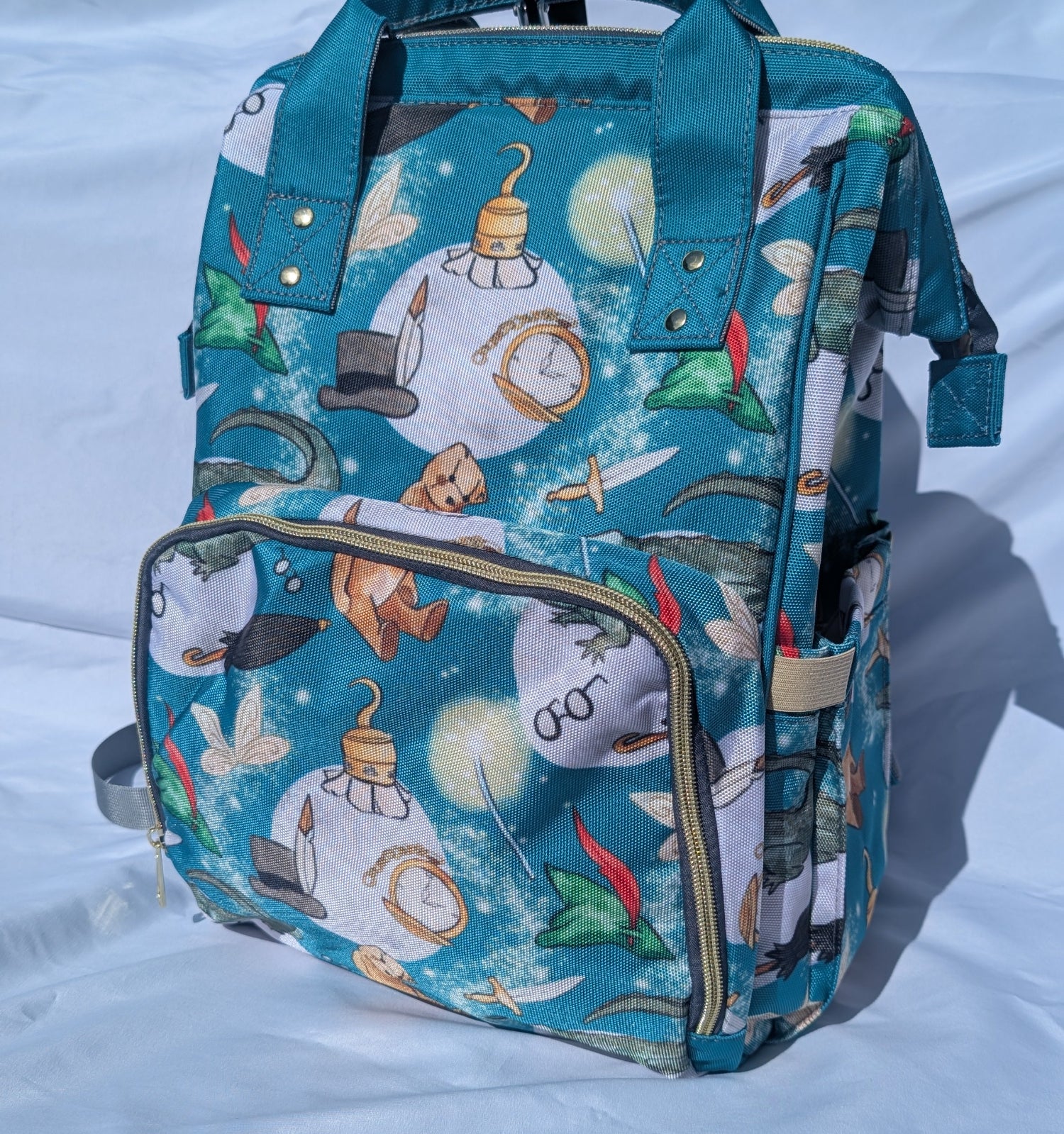 Backpack with cartoon character design on a white surface