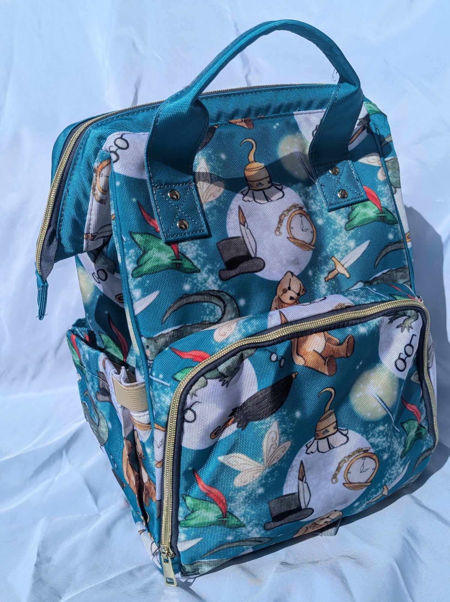 Backpack with a colorful design on a light fabric background