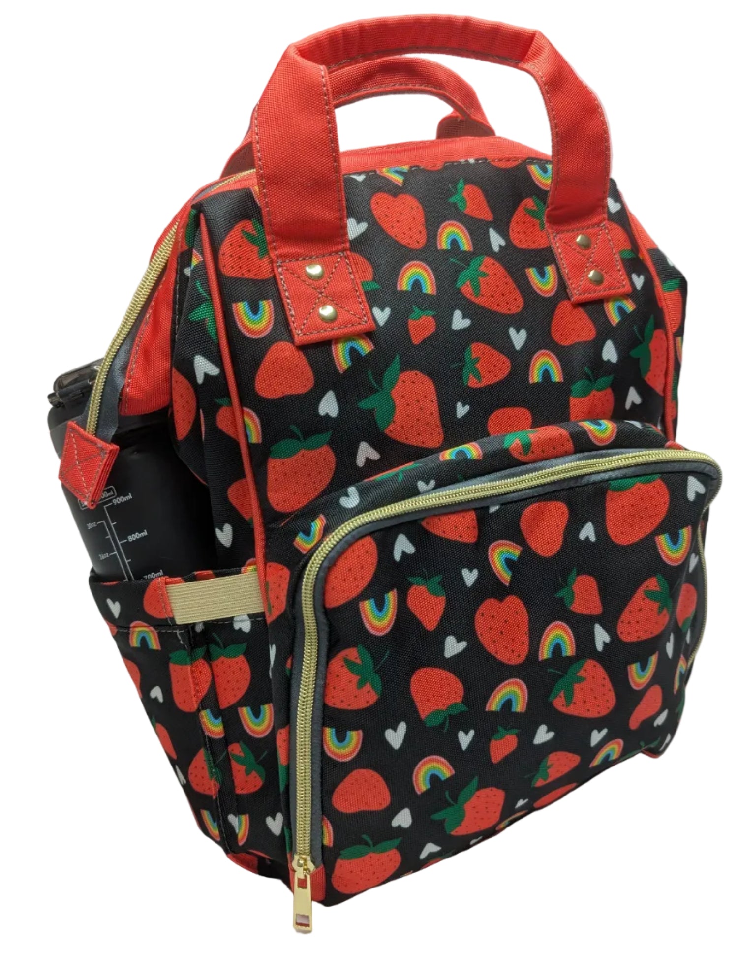 Backpack with strawberry pattern on a white surface