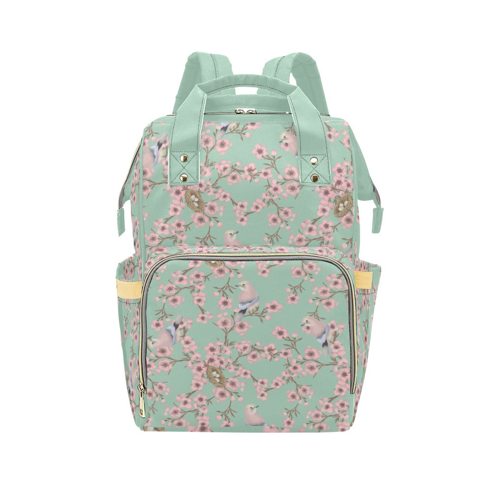 Floral-patterned backpack on a white background