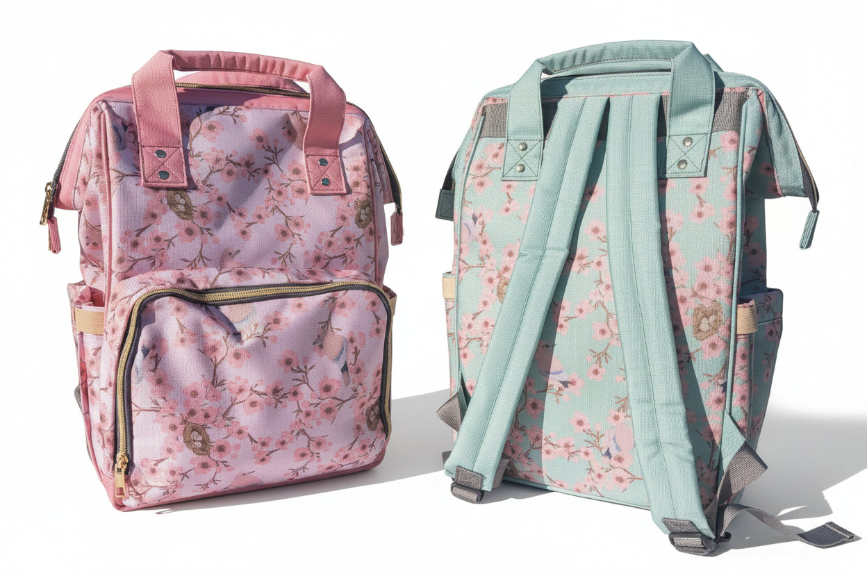 Two floral-patterned backpacks on grass
