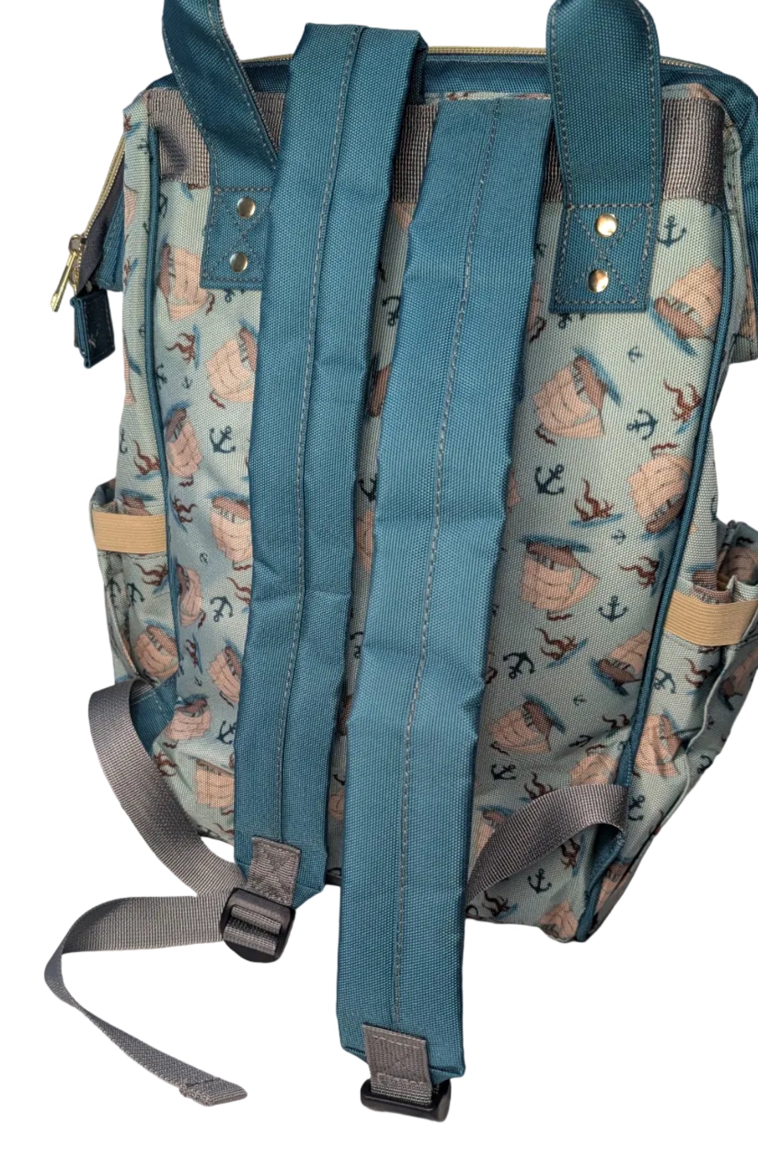 Nappy change Backpack with blue straps and a nautical patterned design 
