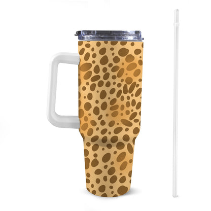 Front view of 40oz animal print Stanley-style tumbler with a white handle, featuring exclusive colourful patterns