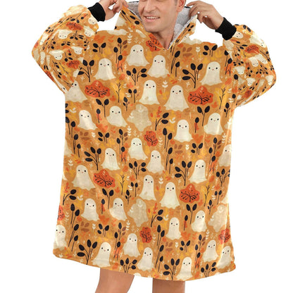 Get ready for spectral snuggles with our Halloween ghost print hooded fleece warm blanket, perfect for keeping you cozy on haunting nights