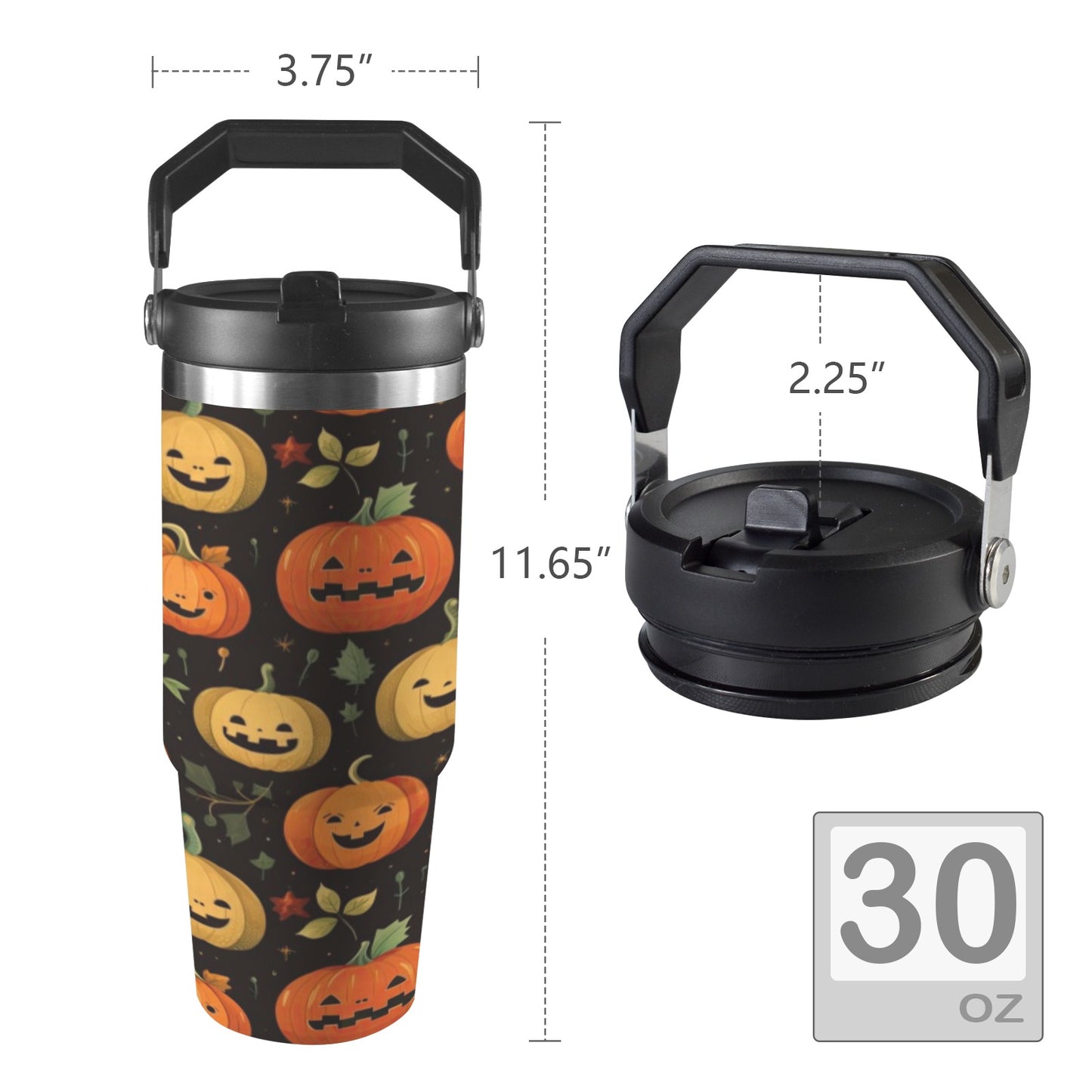 Side profile of 30oz stainless steel insulated water bottle with ergonomic handle and flip straw lid, shown in Jack O Pumpkin Halloween print. 