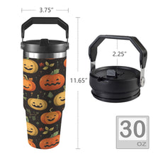 Load image into Gallery viewer, Side profile of 30oz stainless steel insulated water bottle with ergonomic handle and flip straw lid, shown in Jack O Pumpkin Halloween print. 

