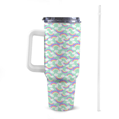 Front view of 40oz rainbow Stanley-style tumbler with a white handle, featuring exclusive colourful patterns