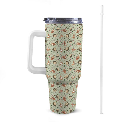 Front view of 40oz autumn hedgehogs Stanley-style tumbler with a white handle, featuring exclusive colourful patterns