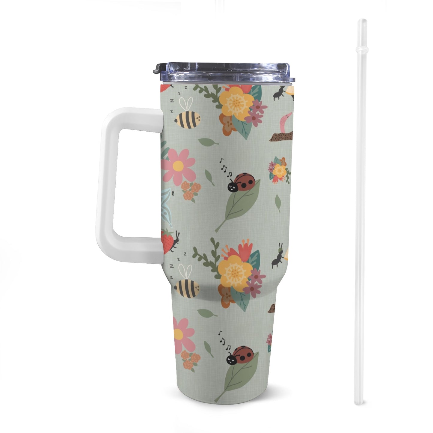 Front view of 40oz gardening Stanley-style tumbler with a white handle, featuring exclusive colourful patterns