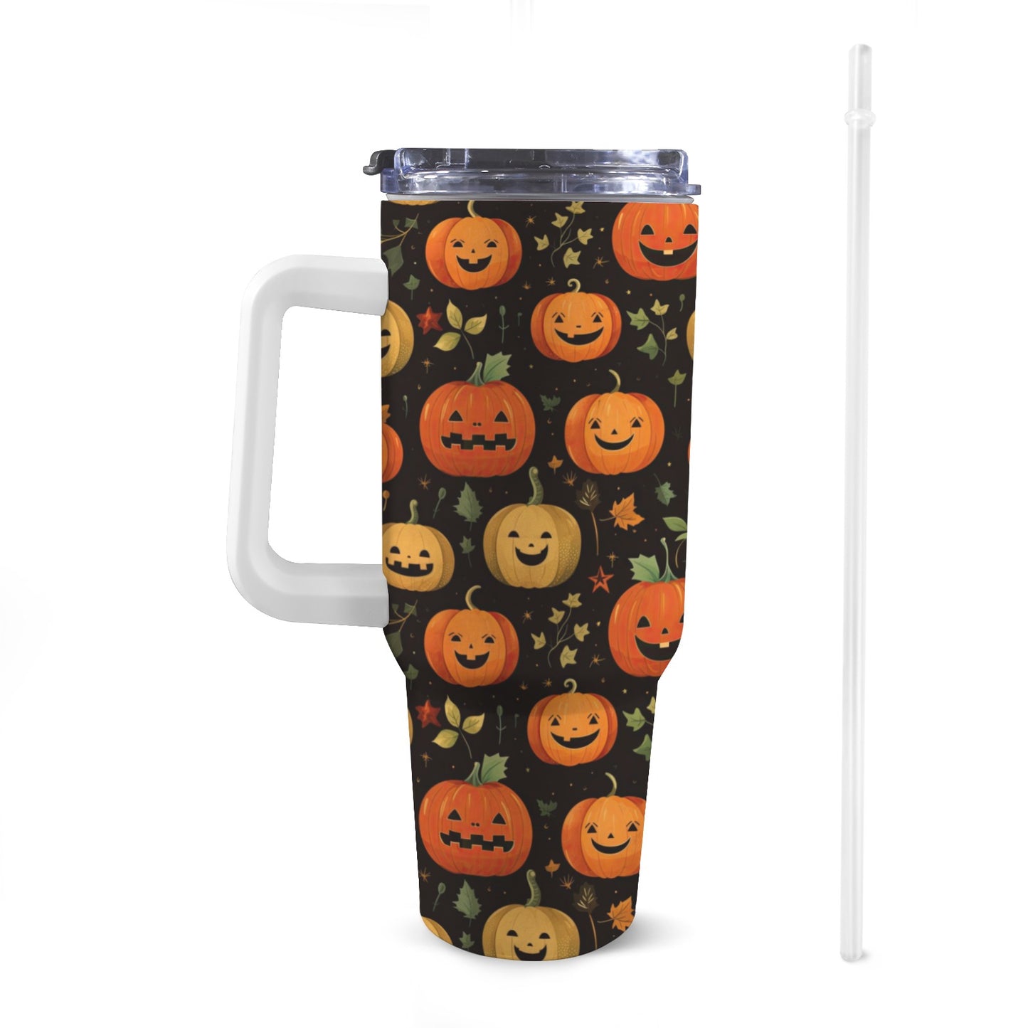 Front view of 40oz Jack O lantern Halloween Stanley-style tumbler with a white handle, featuring exclusive colourful patterns.