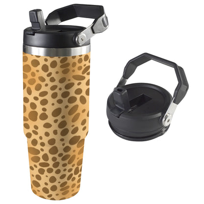 Stainless steel water bottle with animal leopard print featuring vibrant and unique design exclusive to Green Cheeks.