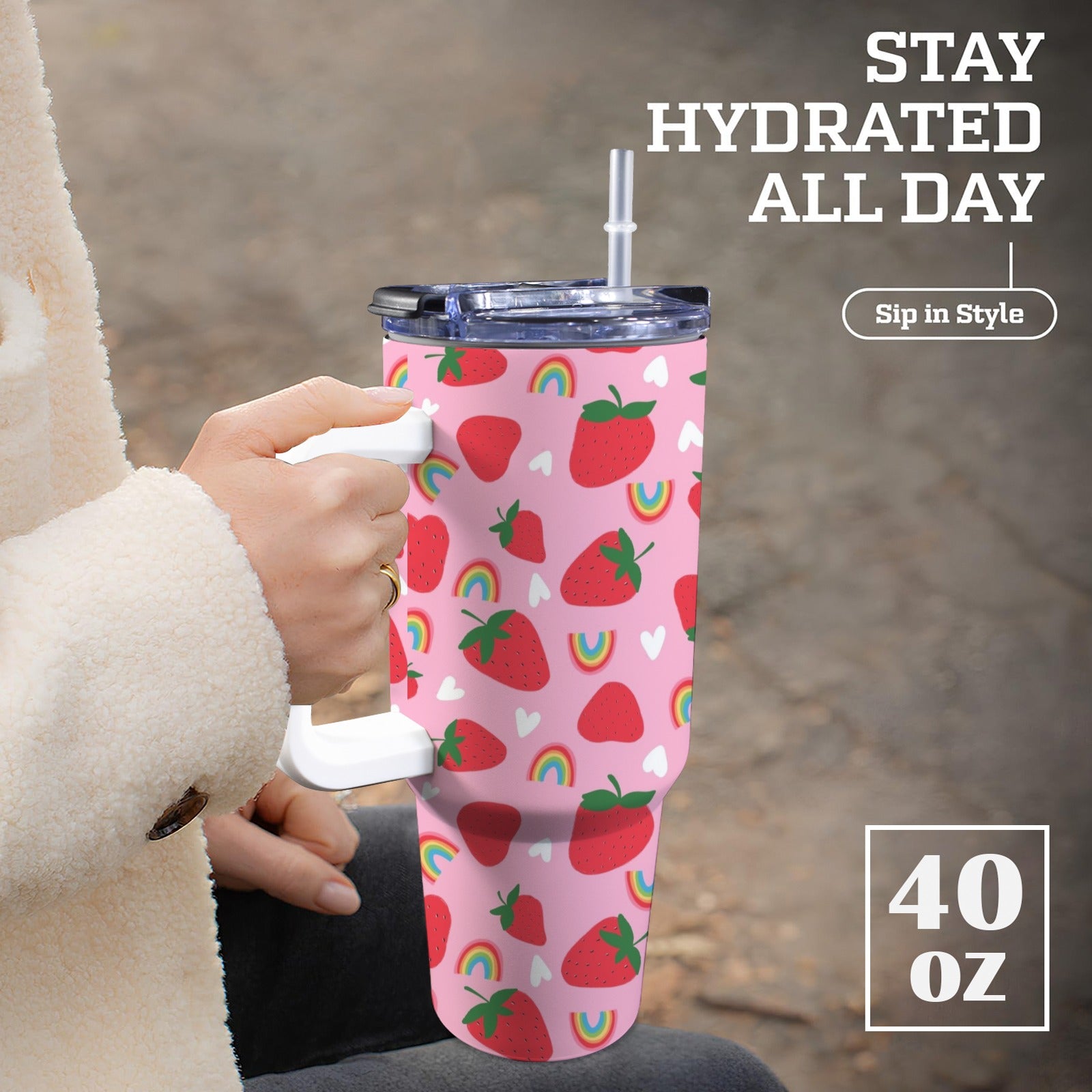 Lifestyle image of personalised Stanley-style tumbler with colourful patterns, ideal for on-the-go mums