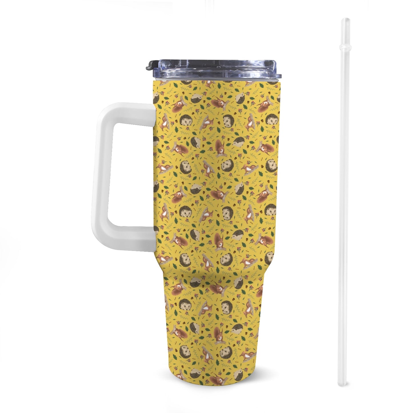 Front view of 40oz Mustard Autumn Hedgehog Stanley-style tumbler with a white handle, featuring exclusive colourful patterns