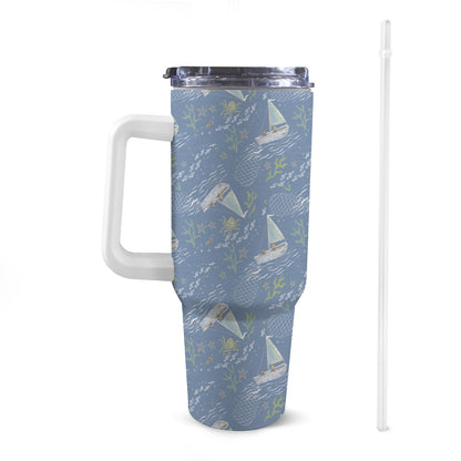 Front view of 40oz nautical Stanley-style tumbler with a white handle, featuring exclusive colourful patterns