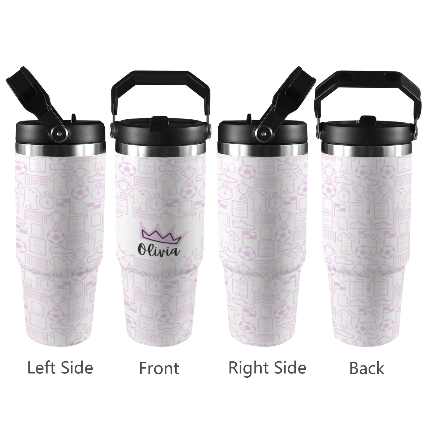 Personalised 30oz football tumbler gift for kids and adults in pink, green, and blue