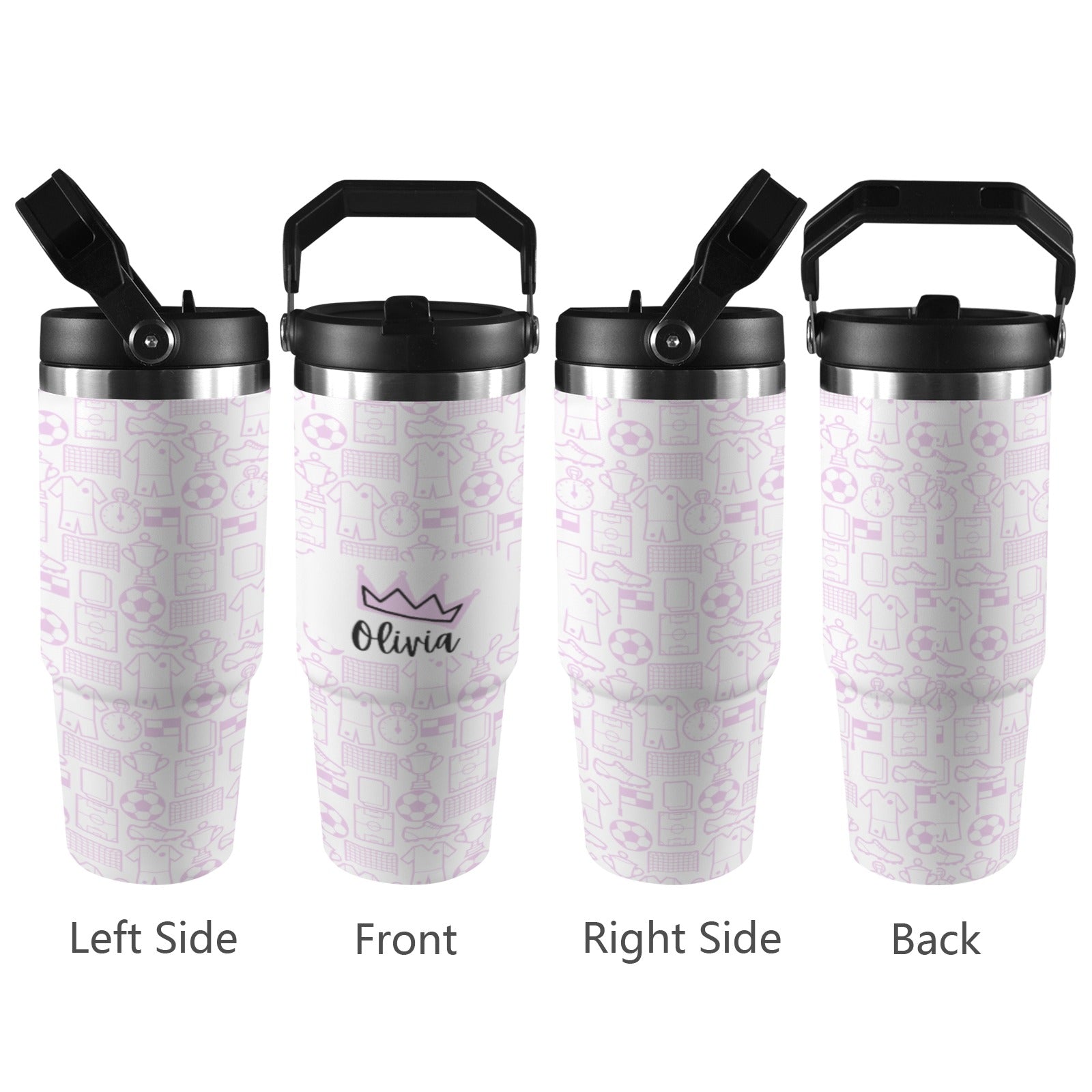 Personalised 30oz football tumbler gift for kids and adults in pink, green, and blue