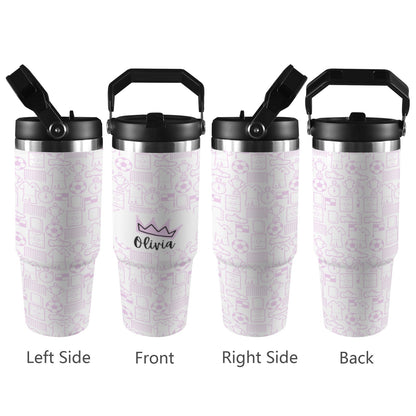 Personalised 30oz football tumbler gift for kids and adults in pink, green, and blue