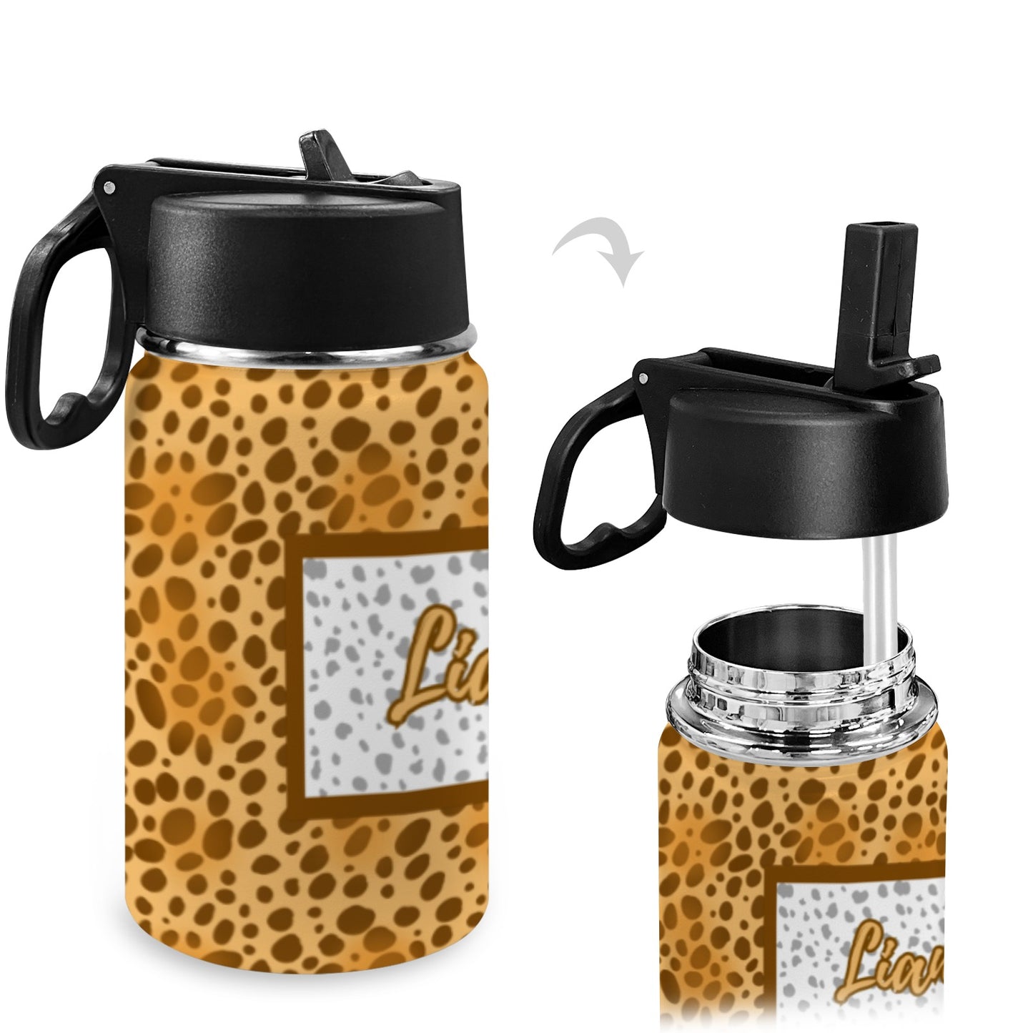 Personalised Stainless Steel Water Bottle with Handle - Leopard Print