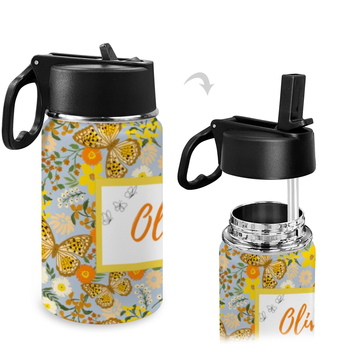 Personalised Stainless Steel Water Bottle with Handle - Butterfly Floral