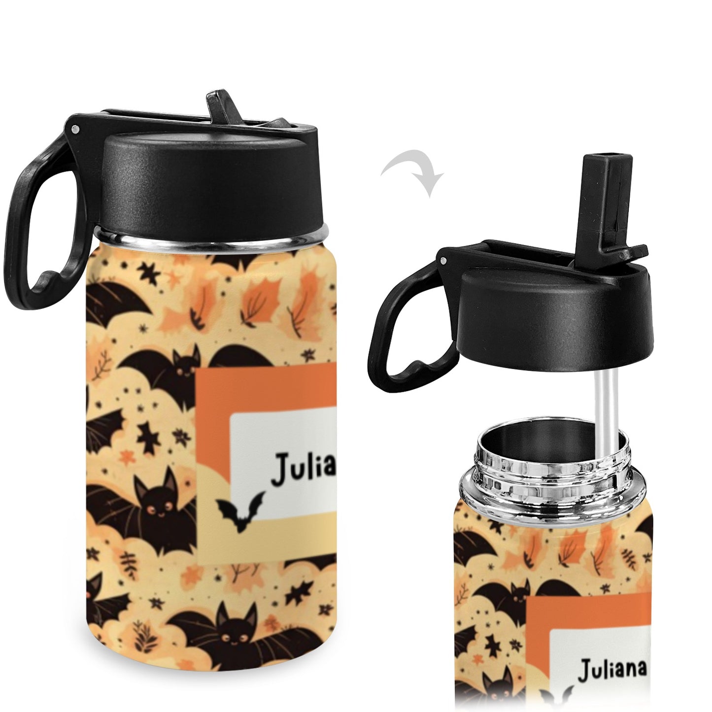 Personalised Stainless Steel Water Bottle with Handle - Halloween Bats