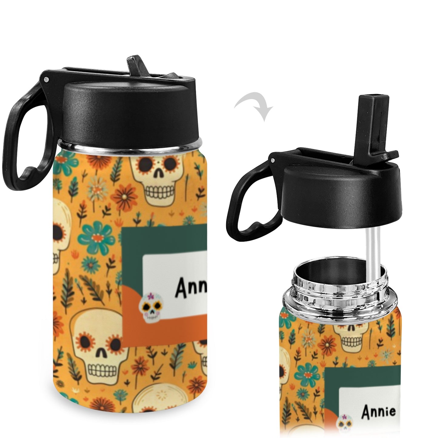 Personalised Stainless Steel Water Bottle with Handle - Candy Skull