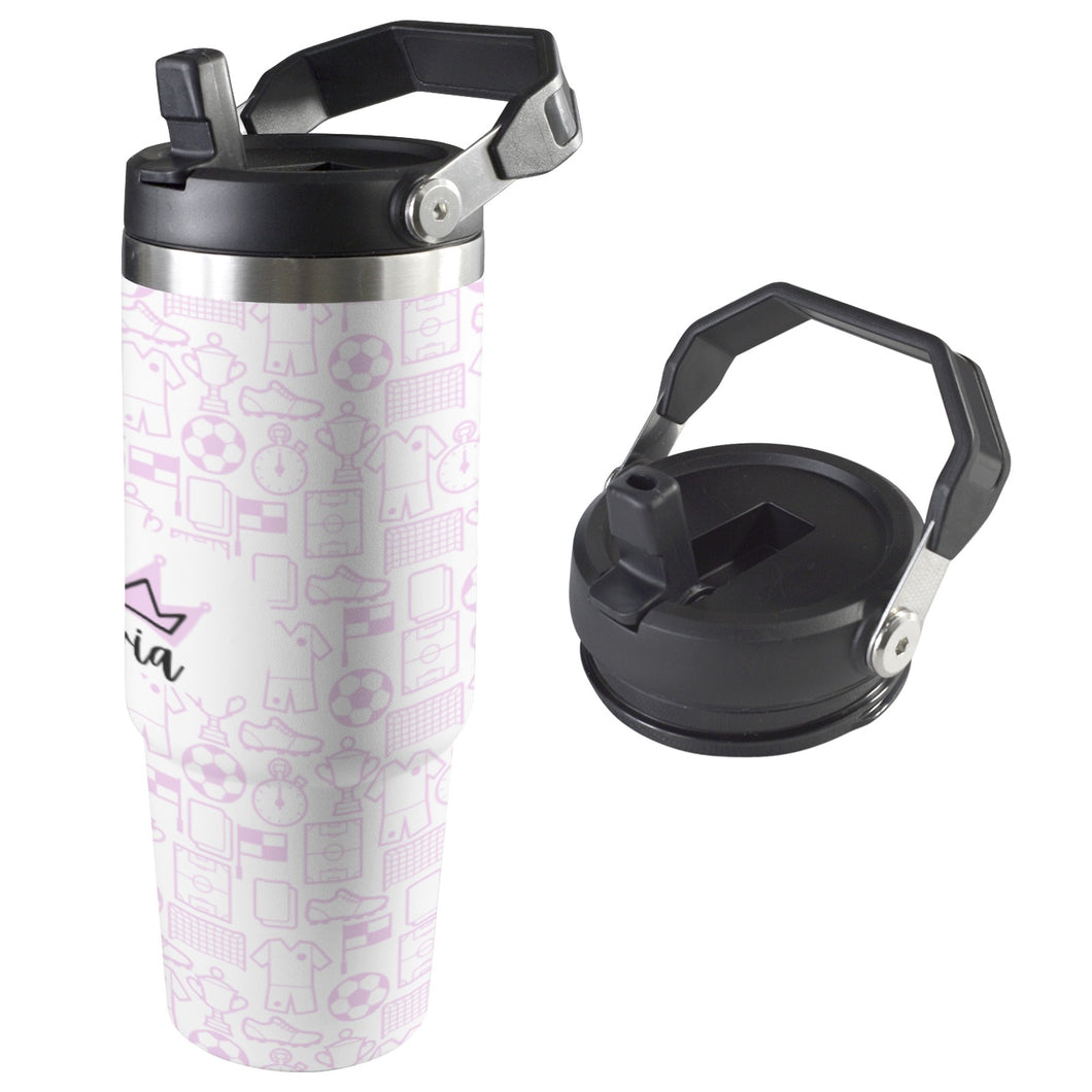 Personalised football tumbler in pink with handle and flip straw lid