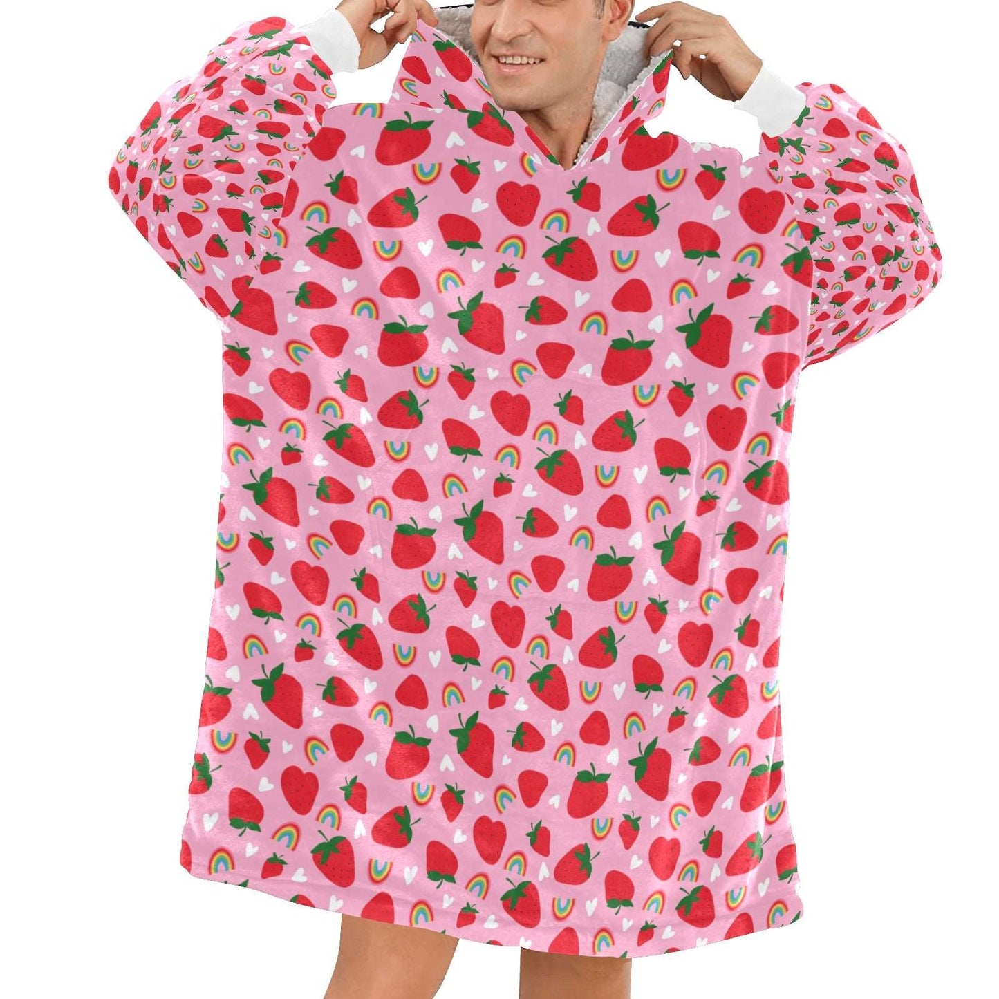 Pink Strawberry Cosy Hooded Blanket Fleece