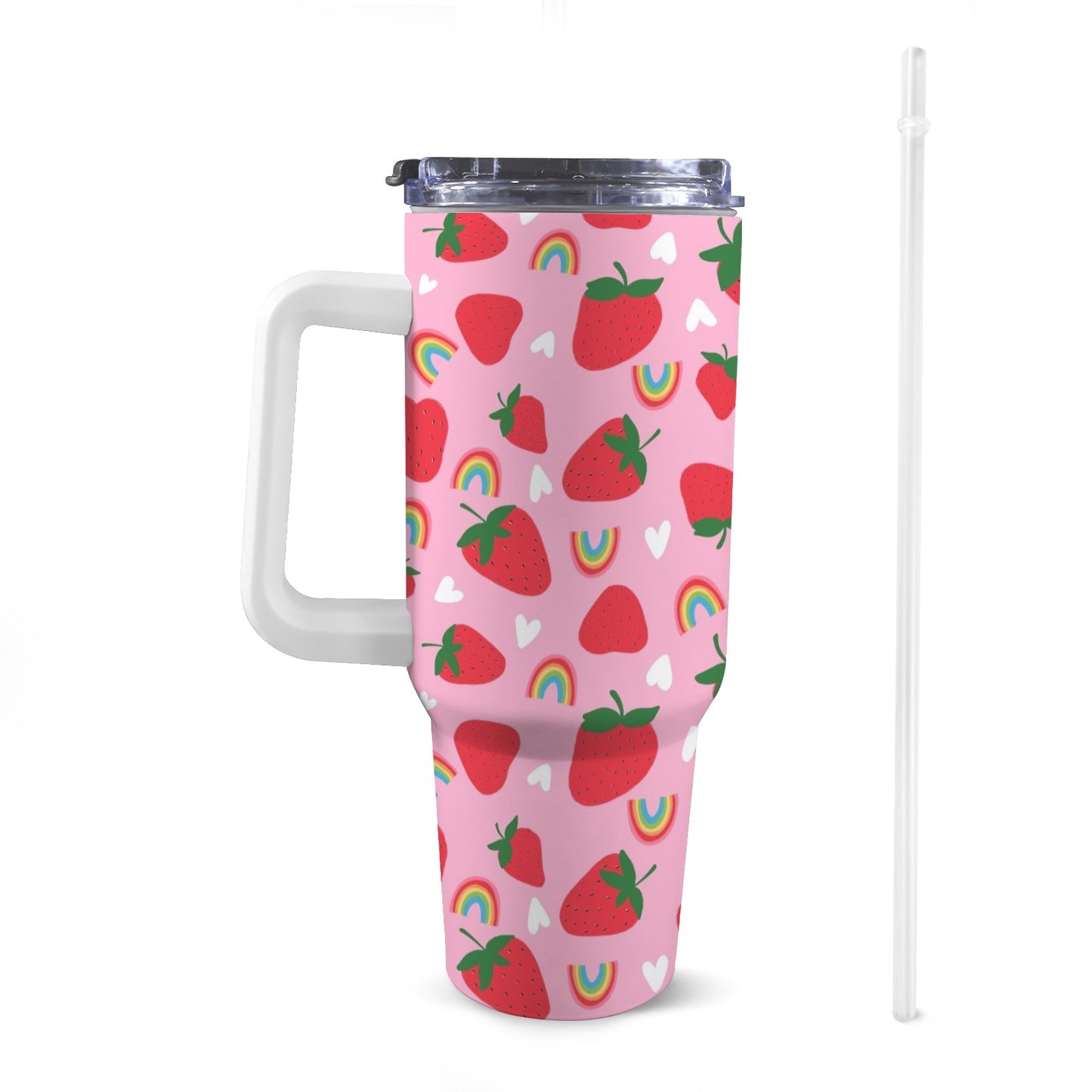 Front view of 40oz fruit strawberry Stanley-style tumbler with a white handle, featuring exclusive colourful patterns