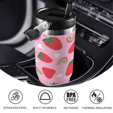 Load image into Gallery viewer, Reusable stainless steel water bottle with exclusive Pink Strawberry design on a desk, perfect for staying hydrated at work.
