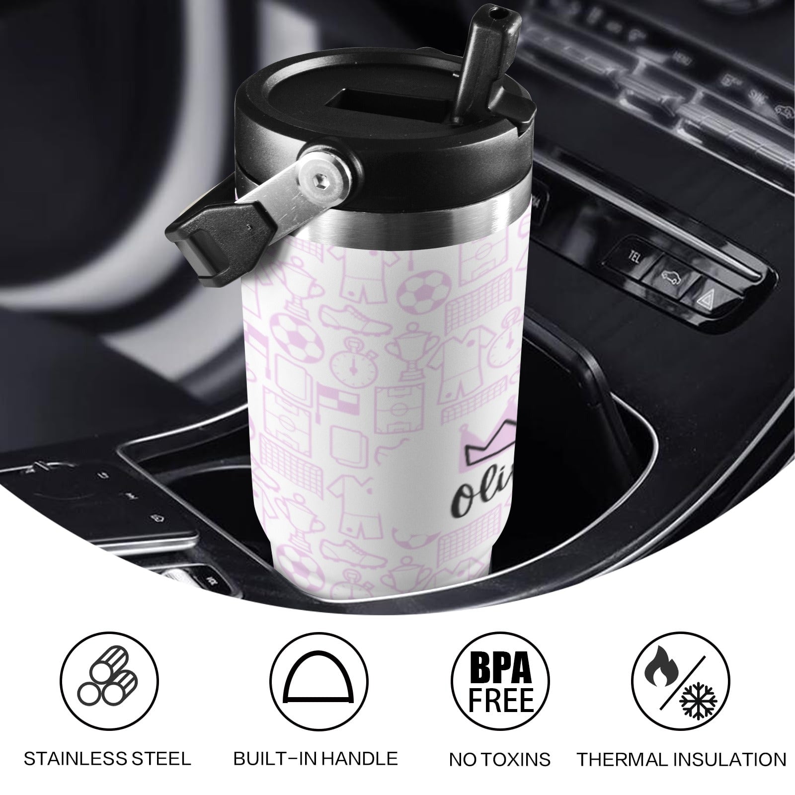 Pink football-themed water bottle with double-wall insulation and flip straw lid