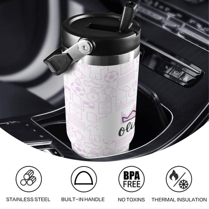 Pink football-themed water bottle with double-wall insulation and flip straw lid