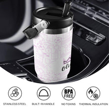 Carica l&#39;immagine nel visualizzatore di Gallery, Pink football-themed water bottle with double-wall insulation and flip straw lid
