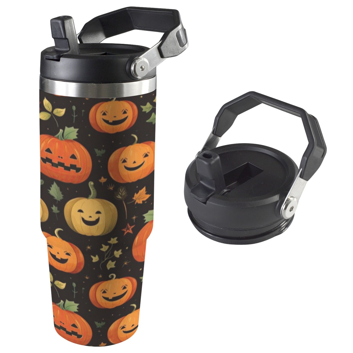 30oz stainless steel insulated water bottle with handle and straw in Halloween Pumpkin, featuring double-wall insulation for hot and cold drinks, perfect for work, gym, and travel.