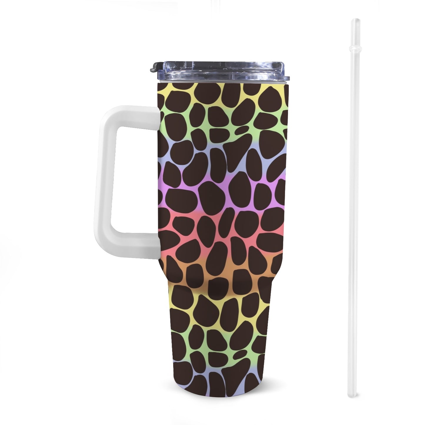 Front view of 40oz rainbow animal print Stanley-style tumbler with a white handle, featuring exclusive colourful patterns