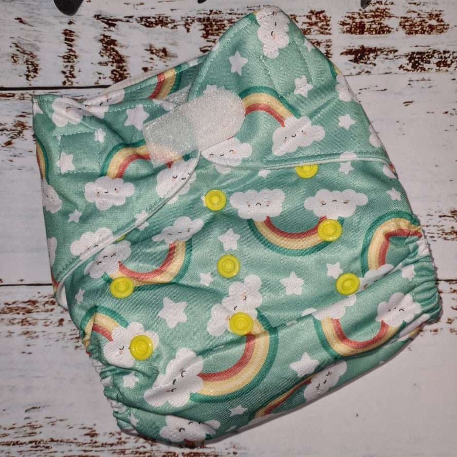 Green Cheeks Cloth Hemp Reusable Nappy with velcro in rainbow print